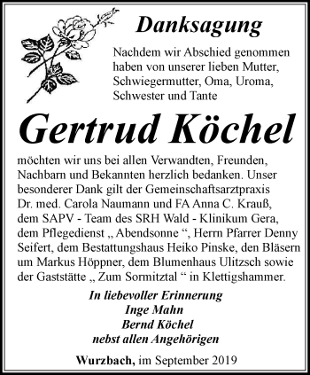 Traueranzeige von Gertrud Köchel von Ostthüringer Zeitung