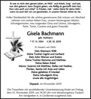 Traueranzeige von Gisela Bachmann von Thüringer Allgemeine, Thüringische Landeszeitung