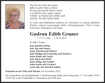 Traueranzeige von Gudrun Edith Gruner