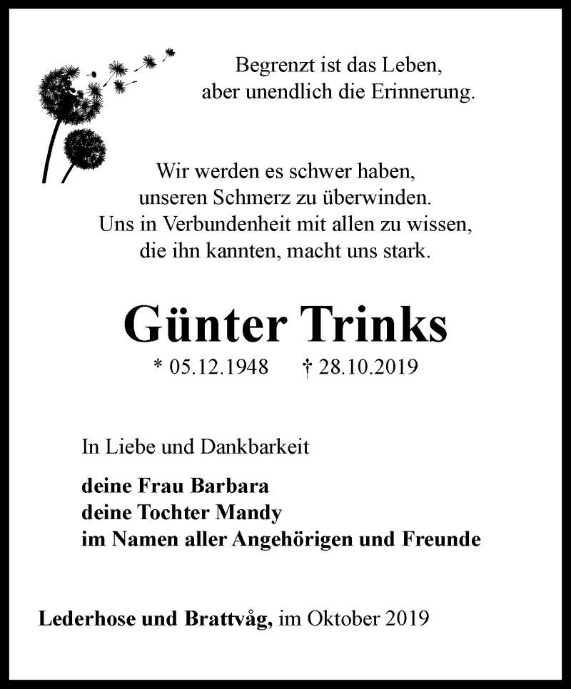  Traueranzeige für Günter Trinks vom 02.11.2019 aus Ostthüringer Zeitung
