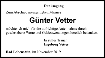 Traueranzeige von Günter Vetter von Ostthüringer Zeitung