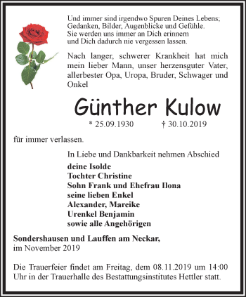 Traueranzeige von Günther Kulow von Thüringer Allgemeine