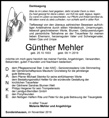 Traueranzeige von Günther Mehler von Thüringer Allgemeine