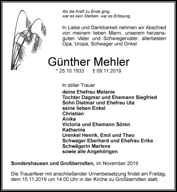 Traueranzeige von Günther Mehler von Thüringer Allgemeine