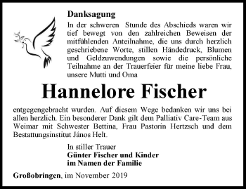 Traueranzeige von Hannelore Fischer von Thüringer Allgemeine, Thüringische Landeszeitung