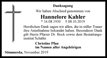 Traueranzeige von Hannelore Kahler von Thüringer Allgemeine