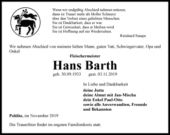 Traueranzeige von Hans Barth von Ostthüringer Zeitung