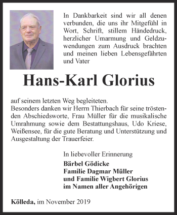 Traueranzeige von Hans-Karl Glorius von Thüringer Allgemeine