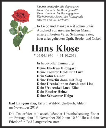 Traueranzeige von Hans Klose von Thüringer Allgemeine, Thüringische Landeszeitung