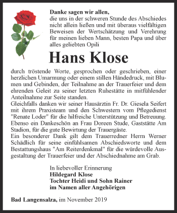 Traueranzeige von Hans Klose von Thüringer Allgemeine, Thüringische Landeszeitung