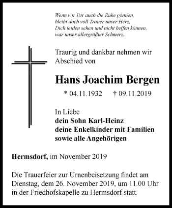 Traueranzeige von Hans Joachim Bergen von Ostthüringer Zeitung