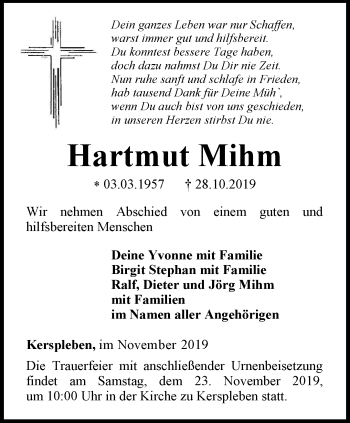 Traueranzeige von Hartmut Mihm von Thüringer Allgemeine, Thüringische Landeszeitung