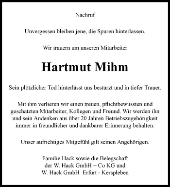 Traueranzeige von Hartmut Mihm von Thüringer Allgemeine, Thüringische Landeszeitung