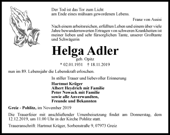 Traueranzeige von Helga Adler von Ostthüringer Zeitung