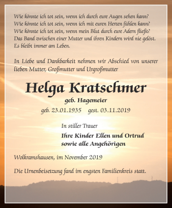 Traueranzeige von Helga Kratschmer von Thüringer Allgemeine