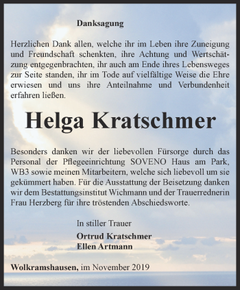 Traueranzeige von Helga Kratschmer von Thüringer Allgemeine