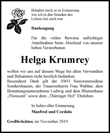 Traueranzeige von Helga Krumrey von Thüringer Allgemeine