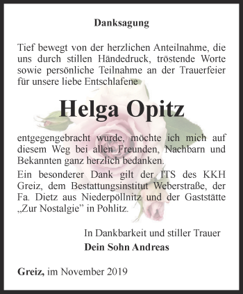 Traueranzeige von Helga Opitz von Ostthüringer Zeitung