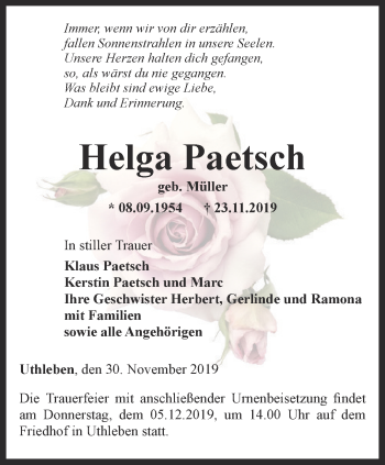 Traueranzeige von Helga Paetsch von Thüringer Allgemeine