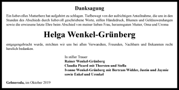 Traueranzeige von Helga Wenkel-Grünberg von Thüringer Allgemeine, Thüringische Landeszeitung