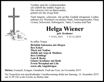 Traueranzeige von Helga Wiener von Thüringer Allgemeine, Thüringische Landeszeitung