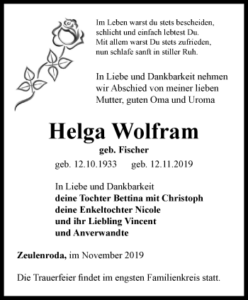 Traueranzeige von Helga Wolfram von Ostthüringer Zeitung