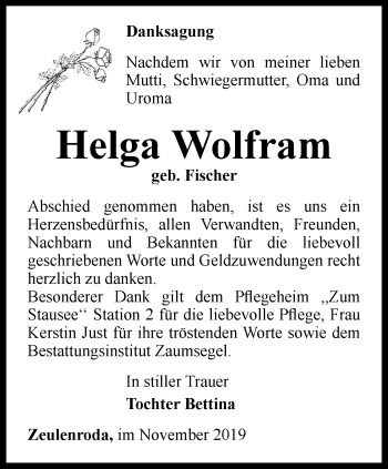 Traueranzeige von Helga Wolfram von Ostthüringer Zeitung