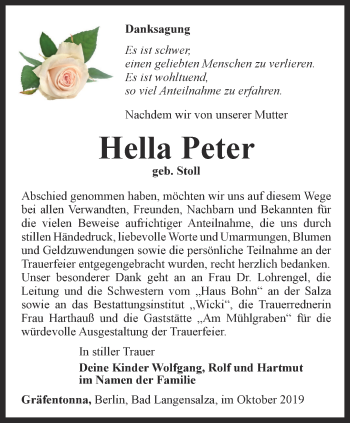 Traueranzeige von Hella Peter von Thüringer Allgemeine, Thüringische Landeszeitung