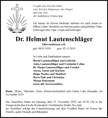 Traueranzeige von Helmut Lautenschläger von Ostthüringer Zeitung