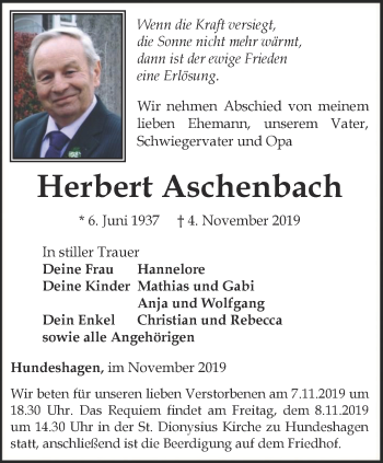 Traueranzeige von Herbert Aschenbach von Thüringer Allgemeine