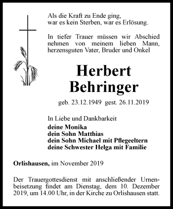 Traueranzeige von Herbert Behringer von Thüringer Allgemeine