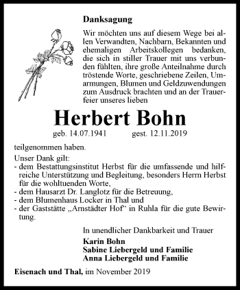 Traueranzeige von Herbert Bohn von Thüringer Allgemeine, Thüringische Landeszeitung