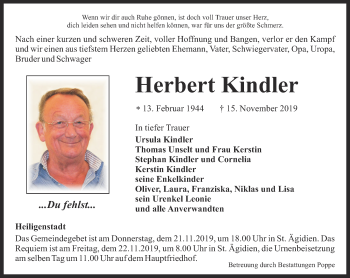 Traueranzeige von Herbert Kindler von Thüringer Allgemeine