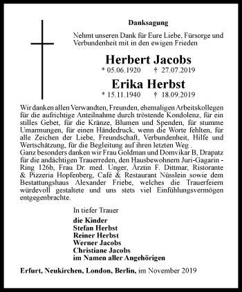 Traueranzeige von Herbert und Erika Jacobs