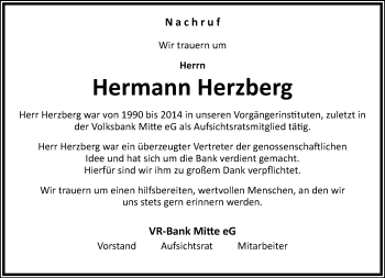 Traueranzeige von Hermann Herzberg von Thüringer Allgemeine