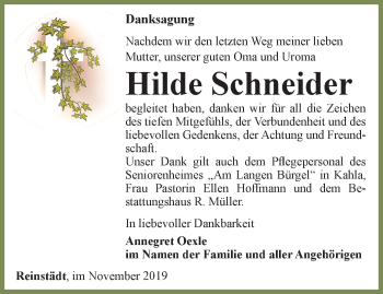 Traueranzeige von Hilde Schneider von Ostthüringer Zeitung, Thüringische Landeszeitung