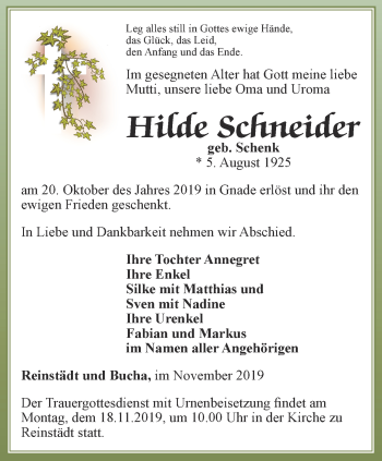 Traueranzeige von Hilde Schneider von Ostthüringer Zeitung, Thüringische Landeszeitung