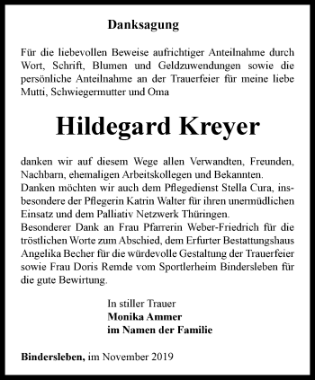 Traueranzeige von Hildegard Kreyer von Thüringer Allgemeine, Thüringische Landeszeitung