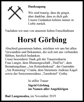 Traueranzeige von Horst Görbing von Thüringer Allgemeine, Thüringische Landeszeitung