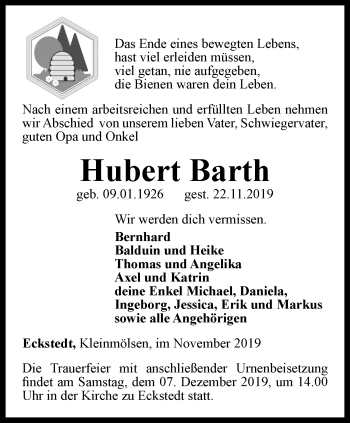 Traueranzeige von Hubert Barth von Thüringer Allgemeine