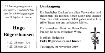 Traueranzeige von Hugo Bögershausen von Thüringer Allgemeine