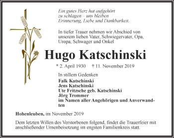 Traueranzeige von Hugo Katschinski von Ostthüringer Zeitung