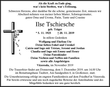 Traueranzeige von Ilse Tschiesche von Thüringer Allgemeine, Thüringische Landeszeitung