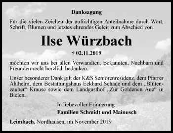 Traueranzeige von Ilse Würzbach von Thüringer Allgemeine