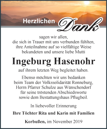 Traueranzeige von Ingeburg Hasenohr von Ostthüringer Zeitung