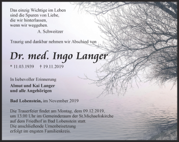 Traueranzeige von Ingo Langer von Ostthüringer Zeitung