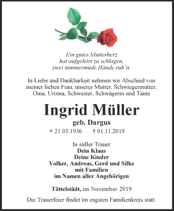 Traueranzeige von Ingrid Müller von Thüringer Allgemeine, Thüringische Landeszeitung