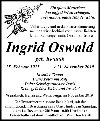 Traueranzeige von Ingrid Oswald von Ostthüringer Zeitung