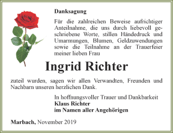 Traueranzeige von Ingrid Richter von Thüringer Allgemeine, Thüringische Landeszeitung