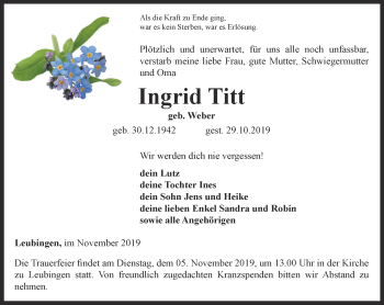 Traueranzeige von Ingrid Titt von Thüringer Allgemeine